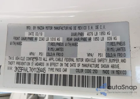 2019 Mazda Mazda3 Select Package from USA, damaged, VIN 3MZBPAAL7KM106445